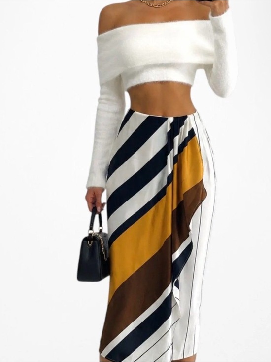 Mango Dresses & Skirts - Mango Y2K Striped Midi Wrap Skirt in Mustard, Brown and Black